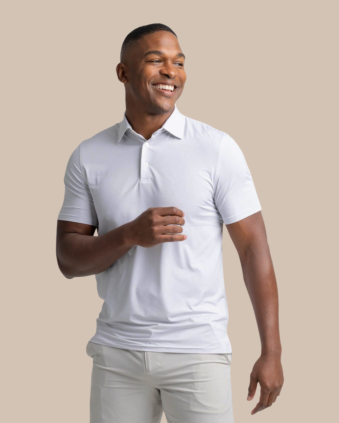 The front view of the Southern Tide brrr-eeze Meadowbrook Stripe Polo by Southern Tide - Platinum Grey
